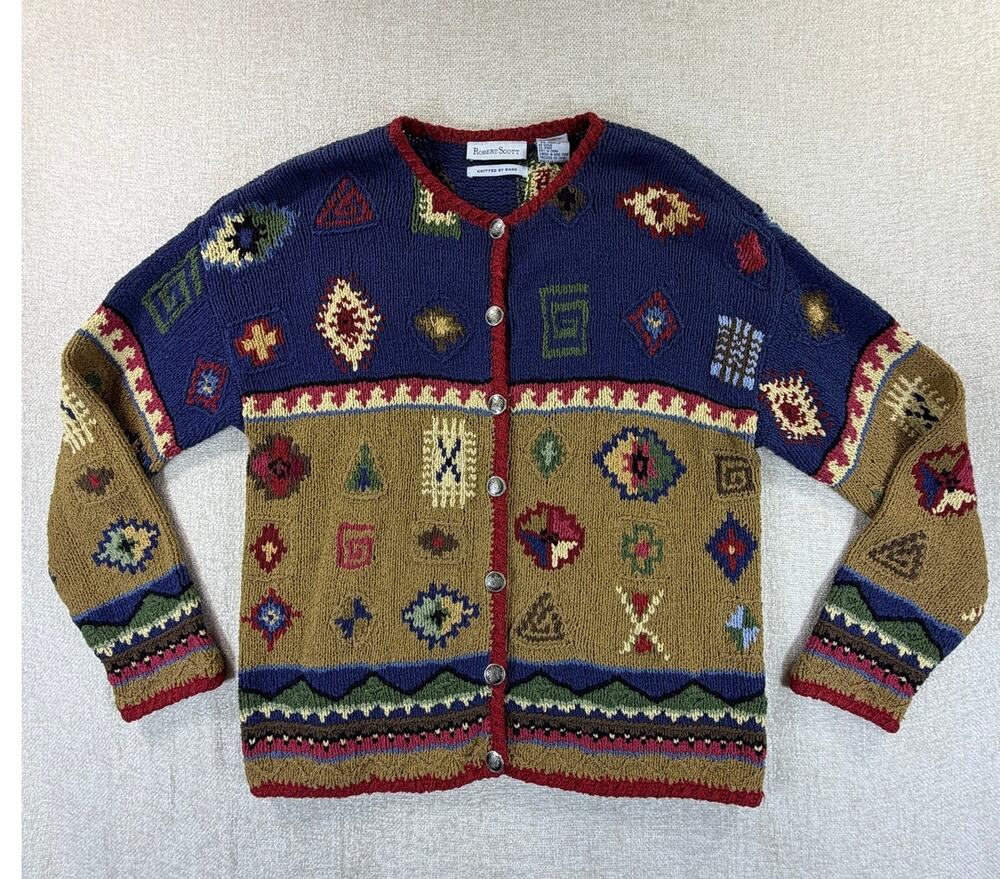 Robert Scott Women's Large Blue Tan Hand Knit Southwest Western Cardigan Sweater